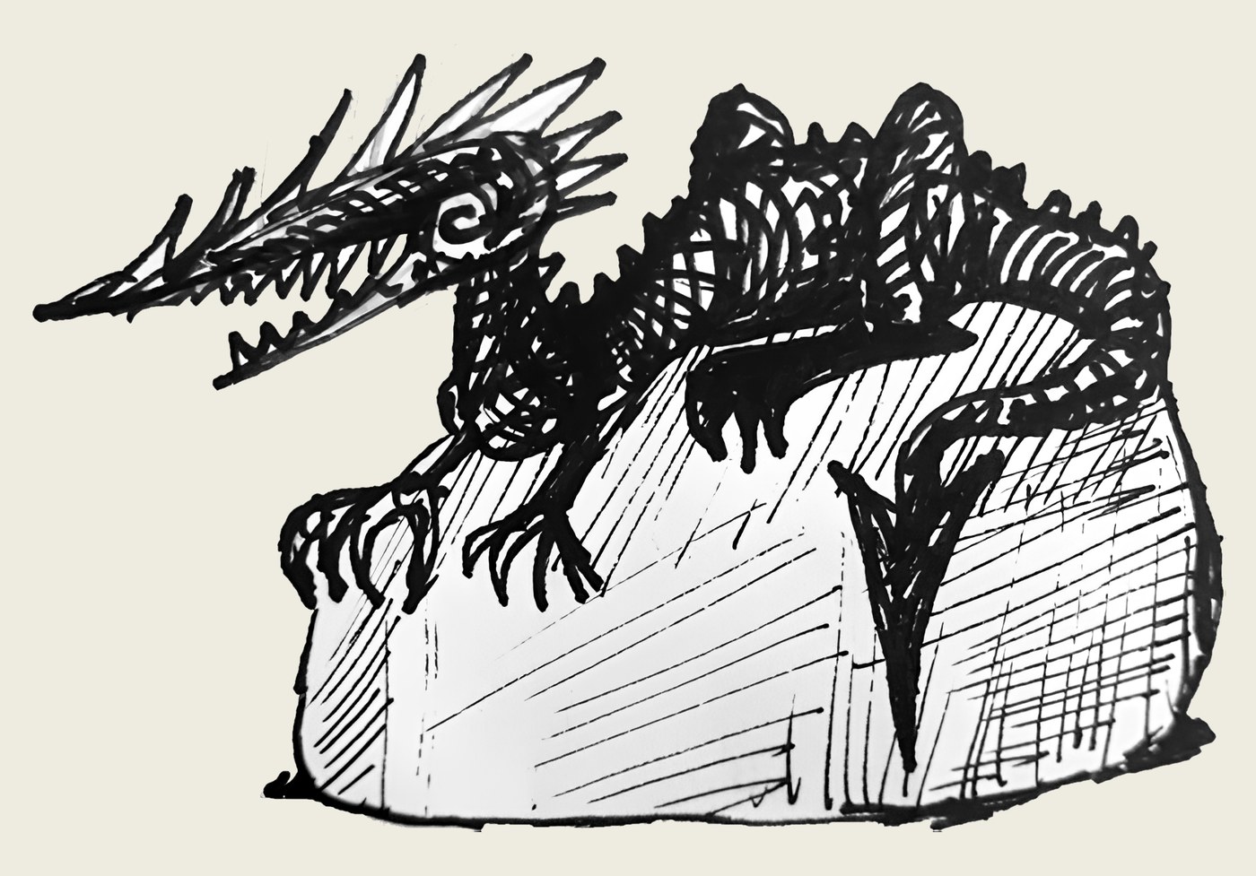 Pen and ink drawing of a dragon perched on a rock