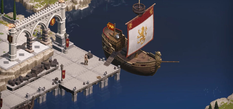 A banner-sailed ship moored at a stone quay in Bardo: The Golden Age