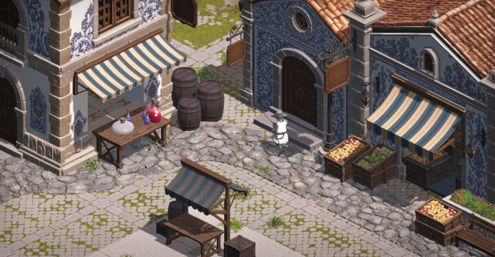 Isometric town street with awnings, barrels and fruit crates