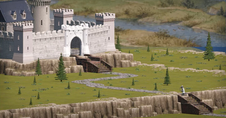 Castle gatehouse on a cliff with a path leading up from the grassland
