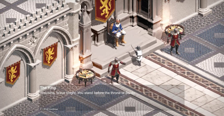 Knights before a seated king in a banner-hung throne room
