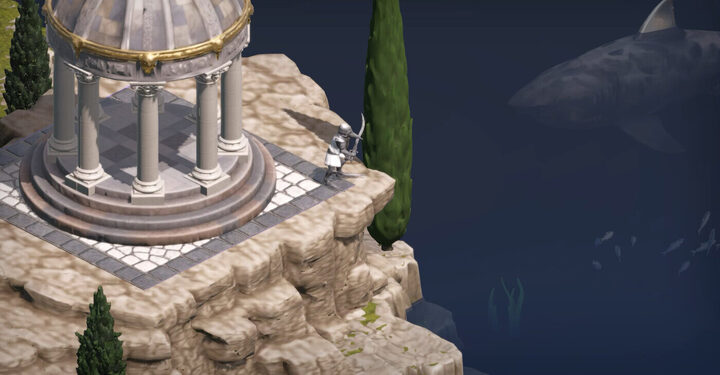 Columned rotunda on a clifftop with a large fish in the water below
