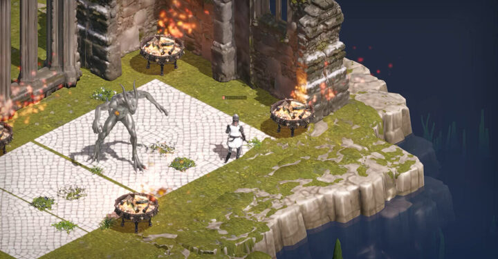 A knight facing a pale creature among burning braziers and broken columns