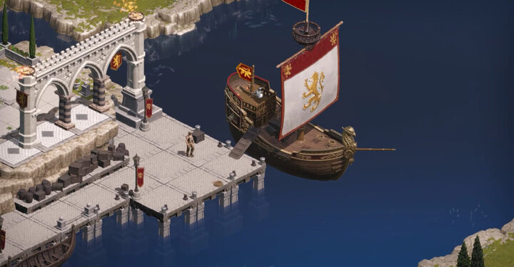 A banner-sailed ship moored at a stone quay beside an arched bridge